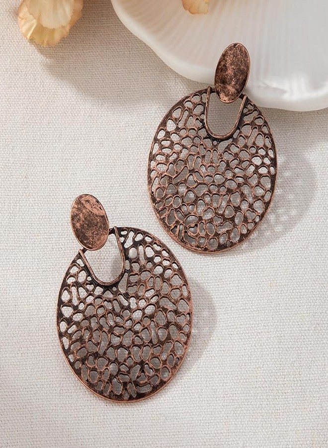 sunglnl Necklace And Earring Sets For Women, Circular Hollow Metal Pendant Vintage Necklaces With Long Chain Bohemian Style Jewelry Gift (Bronze-circle) - Image 4